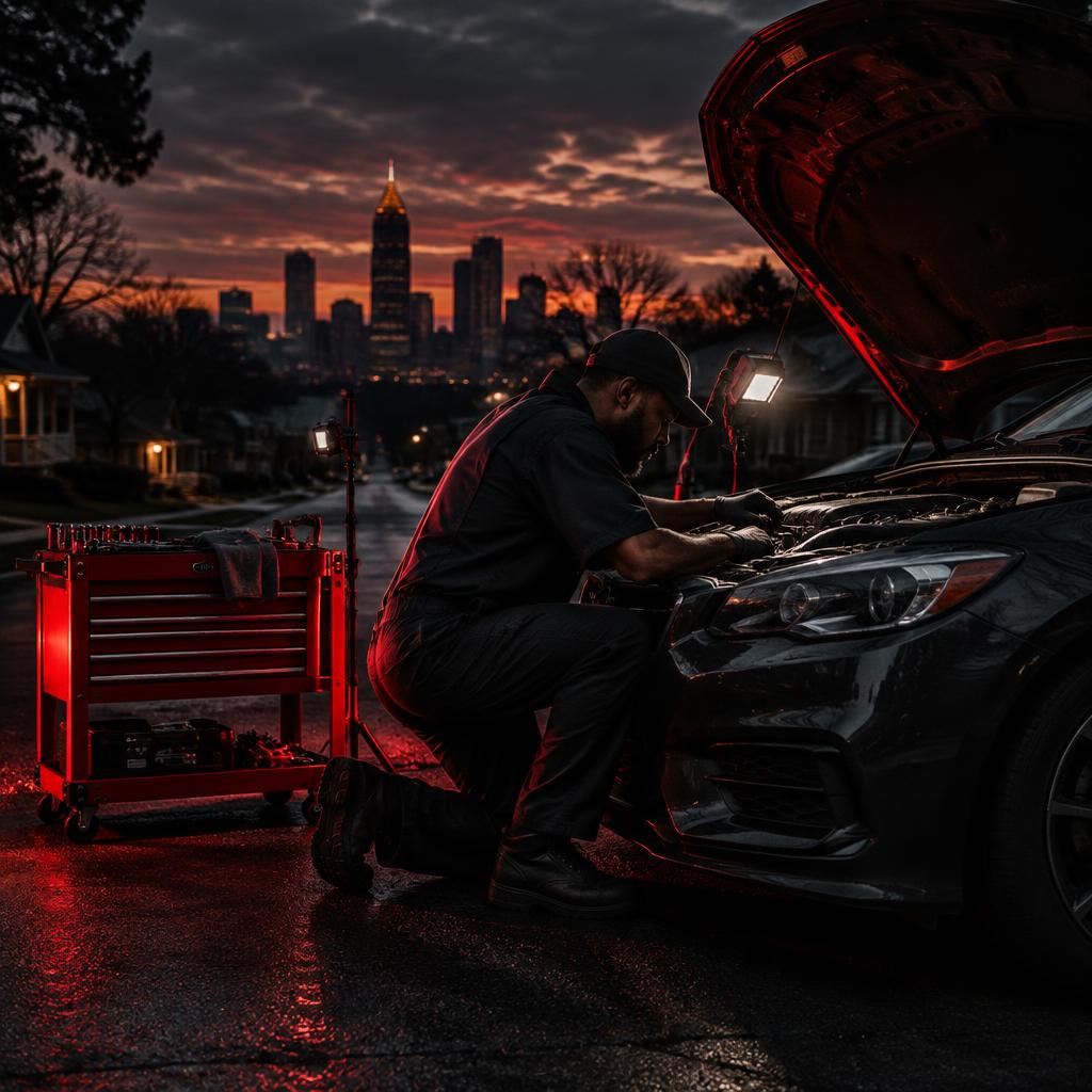 Mobile mechanic working under the hood of a car at dusk with the Atlanta skyline behind